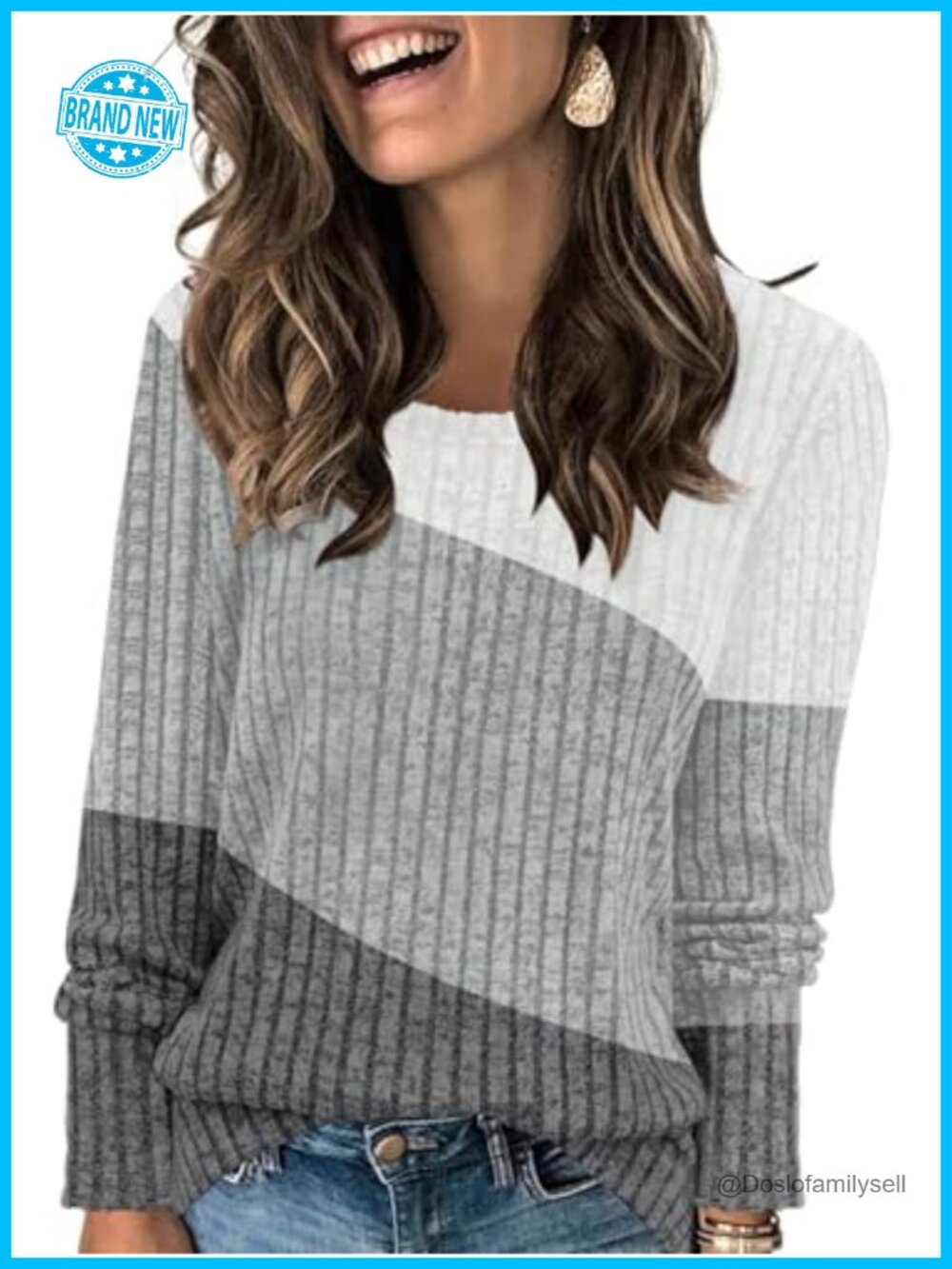 Women's Lightweight Color Block Knit Sweater Long Sleeve Crewneck Tunic Top